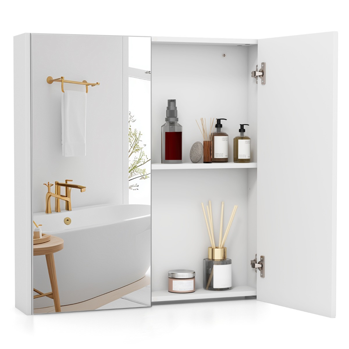 Costway Badkamer Spiegelkast met Glazen Deuren, Wit Wandkast voor Badkamer, Slaapkamer of Woonkamer