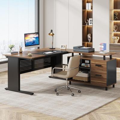 Jiallo "63"" L-Shaped Executive Desk with File Cabinet in Rustic Brown and Black"