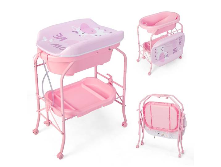 4-in-1 Opvouwbare Verschoontafel met Badkuip Draagbare Verschooncommode met Verschoonmat Roze
