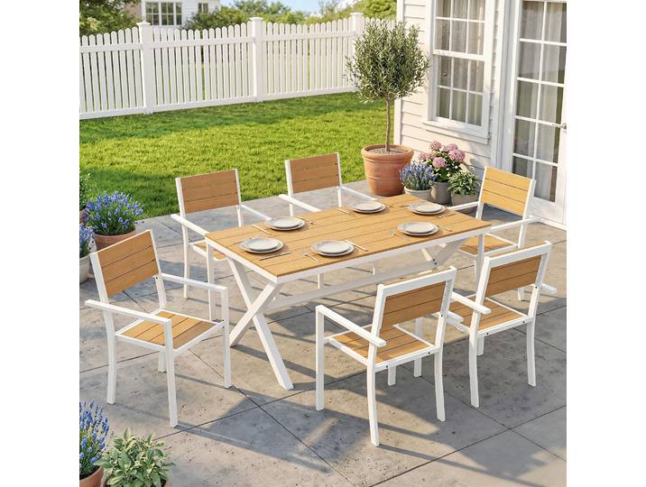 Outsunny Ensemble Jardin 7pcs Table Aluminium Teck 6 Chaises Empilables