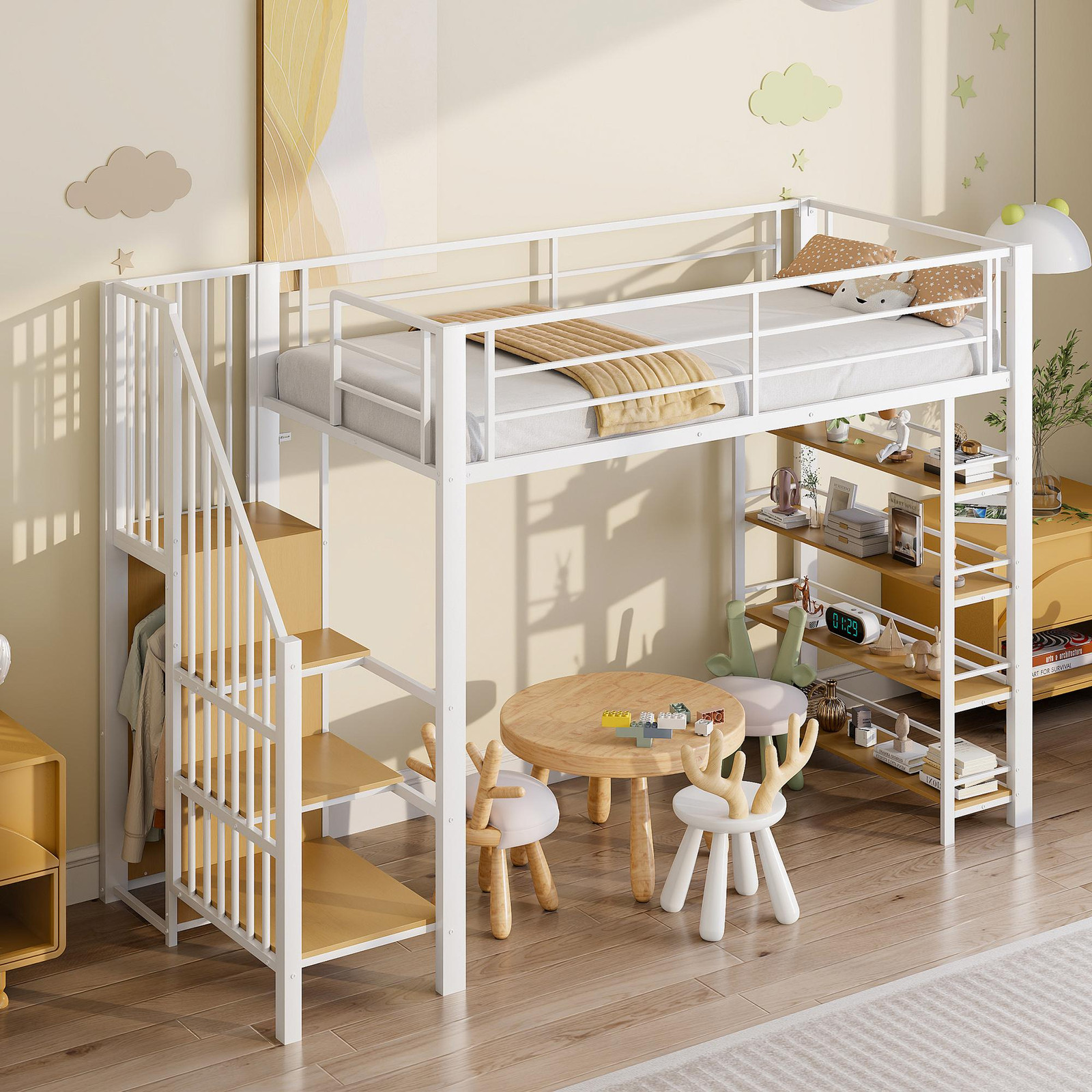MODFU Patrové kinderbed met veiligheidstrap en opbergruimte, wit, 90 x 200 cm