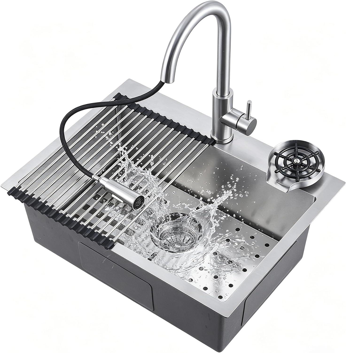 Edelstahl Küchenspüle mit Armatur und Gläserspüler, Einzelbecken