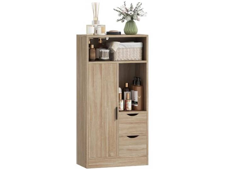 HOMCOM Schmaler Badezimmerschrank 2 Schubladen 50x25x100cm Naturholz Aufbewahrungseinheit mit offenen Fächern, Schrank, verstellbarem Regal, Badezimmerschrank, Wohnzimmer, Schlafzimmer