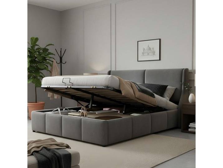 Lit capitonné - Zephmum - 160x200 oreilles coussin hydraulique gris