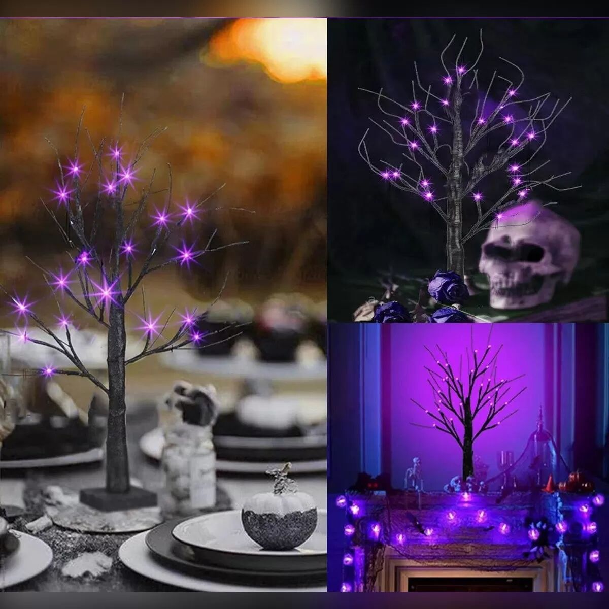 INF Halloween LED Geistbaumlampe 0,6 m – Schwarzer PVC Tischbaum mit 24 orange-violetten LEDs, Batterie+USB Dualbetrieb