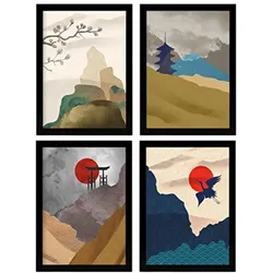 POSTER Set mit 4 Japanische Harmonie Ästhetische A4 Schwarzer Rahmen
