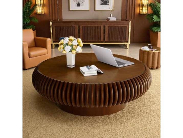 Runder Couchtisch mit geriffeltem Sockel im Mid-Century, Walnut,39.4inch Modern-Stil Stabiler Beistelltisch für Wohnzimmer und kleine Apartments
