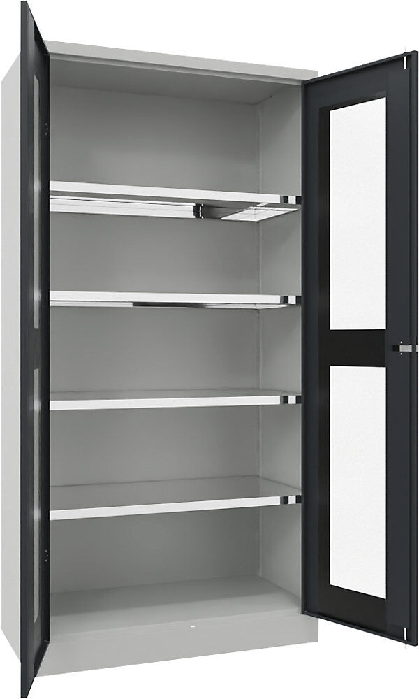 Flügeltürschrank mit Sichtfenster, 4 Fachböden, Höhe 1950 mm, HxBxT 1950 x 1000 x 500 mm, Tür anthrazitgrau Pavoy