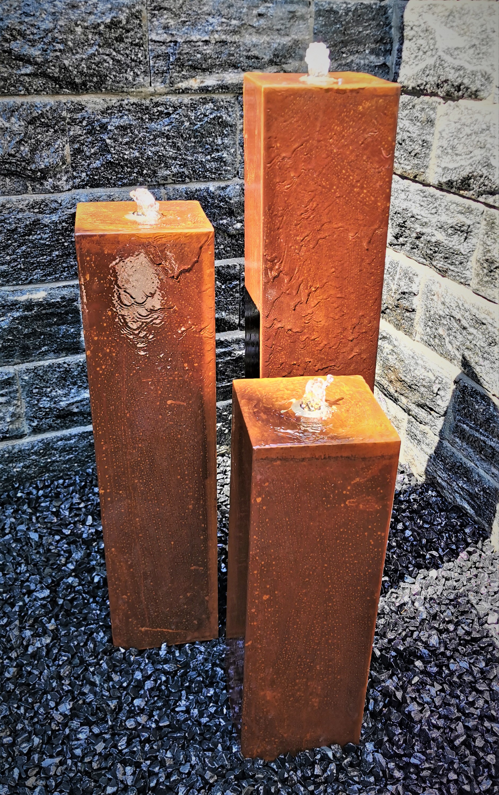 Säulenbrunnen Wasserspiel eckig 3er-Set Cortenstahl 100/80/60 x20 cm Komplettset