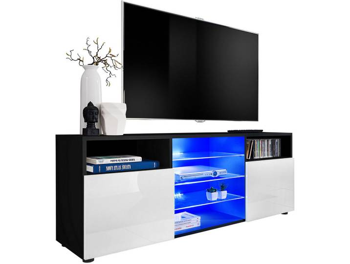 Komodee Sideboard TV Urbino Black, Blau LED Beleuchtung, Schwarz, Weiß, 5 Fächer, Rechteckig, 140x53x35 cm, Wohnzimmer, TV Möbel, Lowboards, Lowboards stehend
