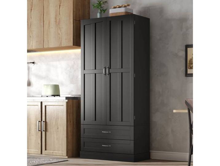 Armoire garde-manger 80x37 5x180 cm avec 3 plateaux coulissants 2 tiroirs 2 portes avec étagères tablette réglable MDF