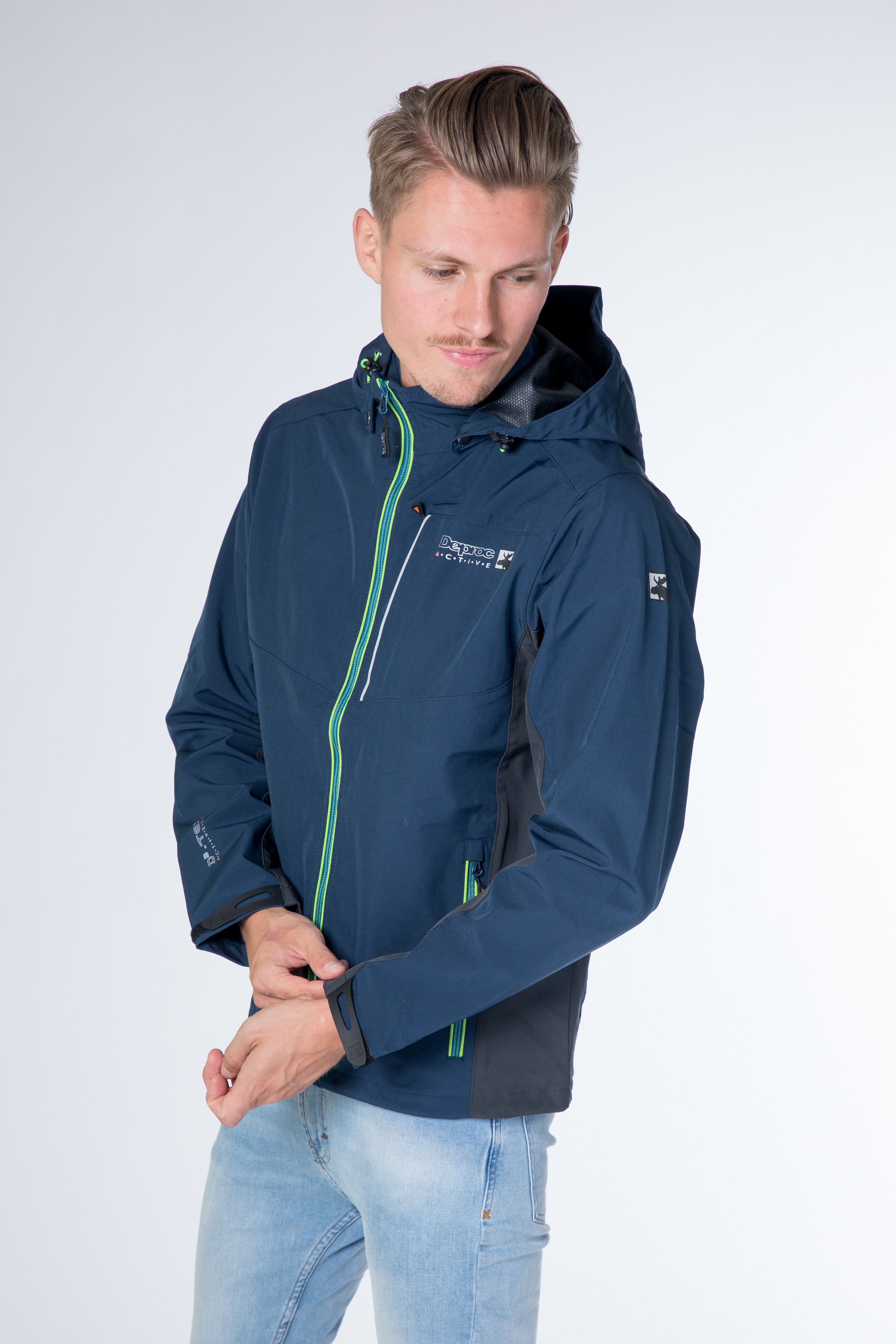 Softshelljacke DEPROC ACTIVE "NUNAVUT MEN II", Herren, Gr. XXXL (58), blau (navy), Softshell, 96% Polyester, 4% Elasthan, regular fit hüftbedeckend, hoch geschlossener Ausschnitt, eingesetzt mit verstellbarem Klettverschluss, Jacken Softshelljacke, auch i