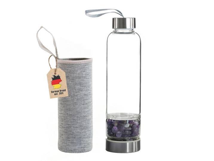 Intirilife Wasserflasche mit Heilsteinen und Tasche 400ml, Lila, Glas, 0.4 L, leicht zu reinigen, Geschirr, Kannen & Karaffen, Trinkflaschen
