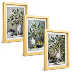 BILDER SET 3er Set - 20x30 cm Goldrahmen - Keramik olivgrau