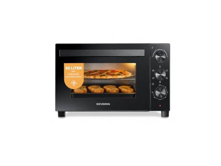 Severin Back- und Toastofen mit Umluftfunktion, inkl. Drehspieß für Fleisch, vielseitiger Heißluftofen mit 30 L Kapazität, Aufbackofen, 100-230 °C, Timer 120 Min., 1600 W, schwarz, TO 9020