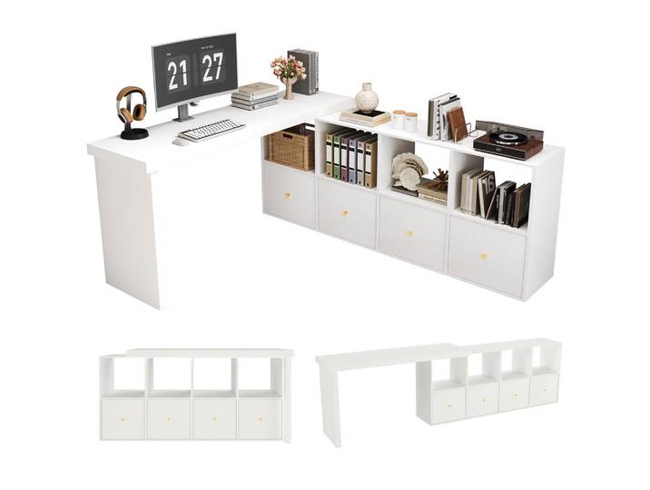Gisaae Eckschreibtisch 360° schwenkbar mit Sideboard und Schubladen, Weiß, 120x78x48 cm, Büromöbel, Schreibtische, Eckschreibtische