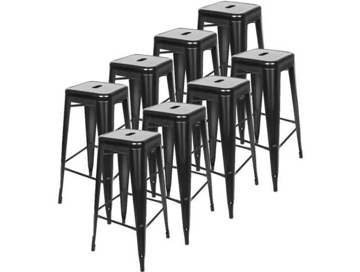 JEOBEST® Lot de 8 tabourets de Bar Industriel empilables Hauteur Assise 76 cm métal Noir