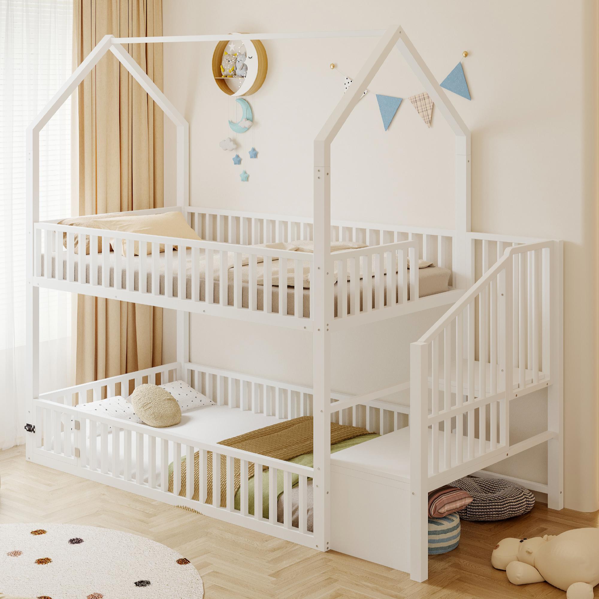 Flieks Etagenbett 90x200 cm mit Treppe, Kinder-Familienbett, Doppelstockbett mit Loft-Design, Hochbett mit Tür, Weiß, Metall