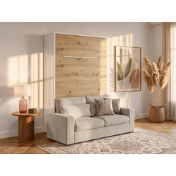 Schrankbett + Sofa - 160 x 200 cm - Manuelle vertikale Öffnung - Mit LED-Beleuchtung - Weiß & Holzfarben - RAPILI