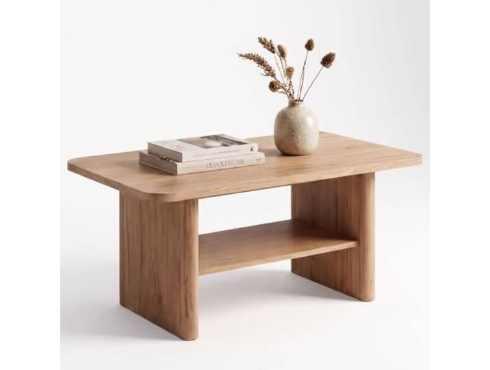 Newroom Couchtisch Holzoptik Braun modern mit Ablagefach Wohnzimmertisch offenes Fach unter Platte, Sofatisch, Stubentisch, Beistelltisch, Wangenfüße, Japandi skandinavisch, für Wohnzimmer