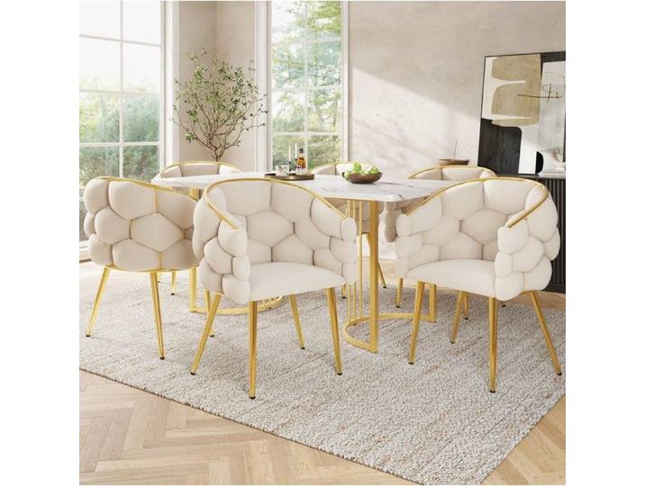 Luxuriöse ergonomische Samtstühle im 6er Set Bubble-Design vergoldete Metallbeine beige Farbe für stilvolles modernes Interieur