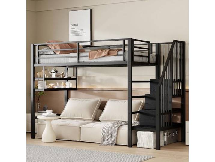 I0I&I0I Hochbett Mit Stauraumleiter Und Geländer Freiraum Unter Dem Bett Zum Verkleiden Und Einlegeböden (Black + Metal + 90cm*200cm)