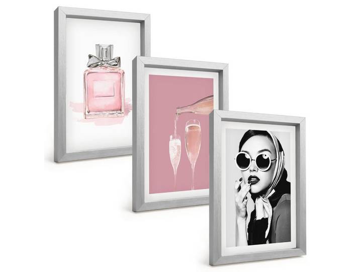 Tulup Bilder SET 3er Set - 20x30 cm Silberner Rahmen - Stilvolle pinkfarbene Accessoires, Silberfarben, Kunststoff, Rechteckig, 20x30 cm, Fotografie, Bilder & Rahmen, Bilder