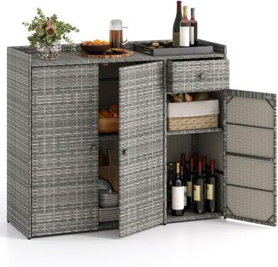 Costway 3 Doors Outdoor PE Wicker Storage Cabinet for Deck-Gray
