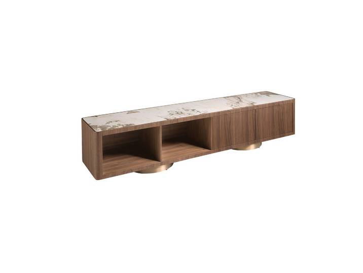 Angel Cerda Tv-Möbel Modell 3311 aus Nussbaum, Keramikmarmor und goldfarbenem Edelstahl, Walnussfarben, Metall, Echtholz,Nussbaum, Essen/Getränk, 2 Schubladen, Rechteckig,Rechteckig, 200x42x45 cm, Wohnzimmer, TV Möbel, Lowboards, Lowboards stehend