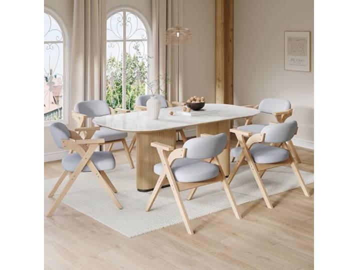 Merax 6er-Set klappbare Esszimmerstühle, aus Massivholz mit weichen Leinen, Armlehnen, platzsparend faltbar, für Esszimmer, Wohnzimmer oder Café, Leinen, Grau
