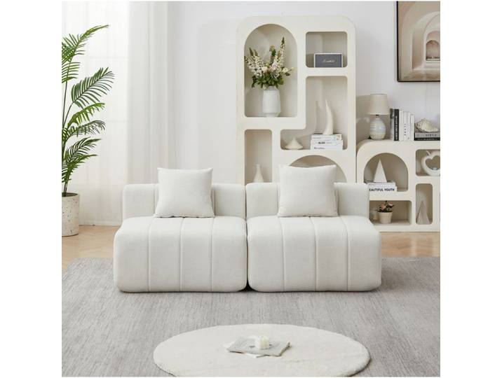 WOVREO Canapé modulable 2 places en chenille beige 2 modules carrés et 2 coussins