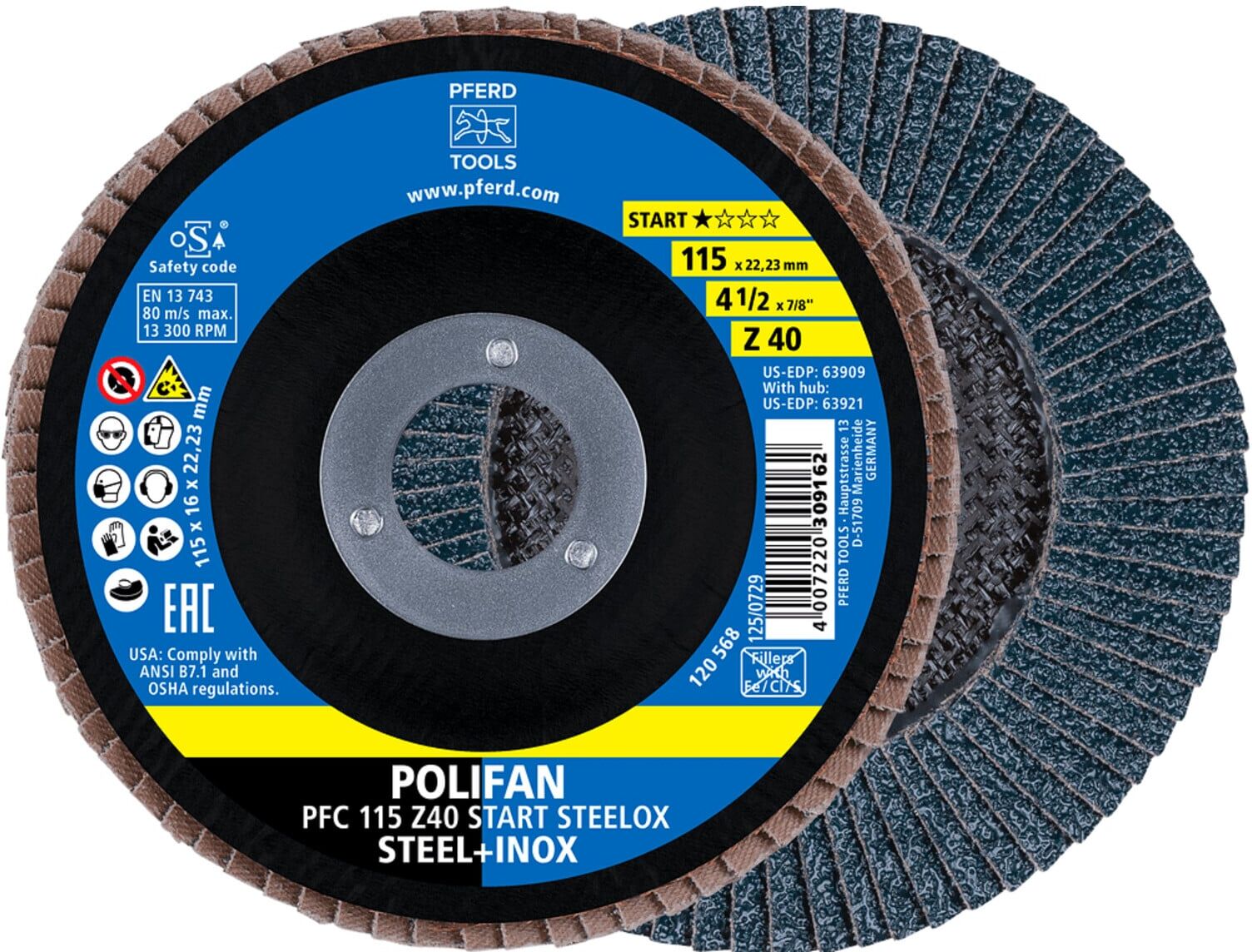 PFERD TOOLS POLIFAN Fächerscheibe PFC 115x22,23 mm konisch Z40 Startlinie START STEELOX Stahl/Edelstahl (69300936)