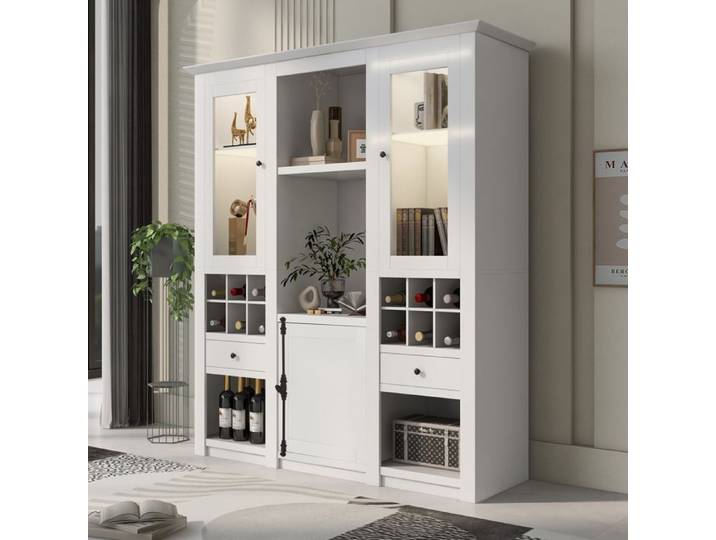 Vitrine 143x45.5x170 cm avec éclairage LED 7 couleurs Buffet haut avec porte en acrylique Buffet salon en blanc MDF