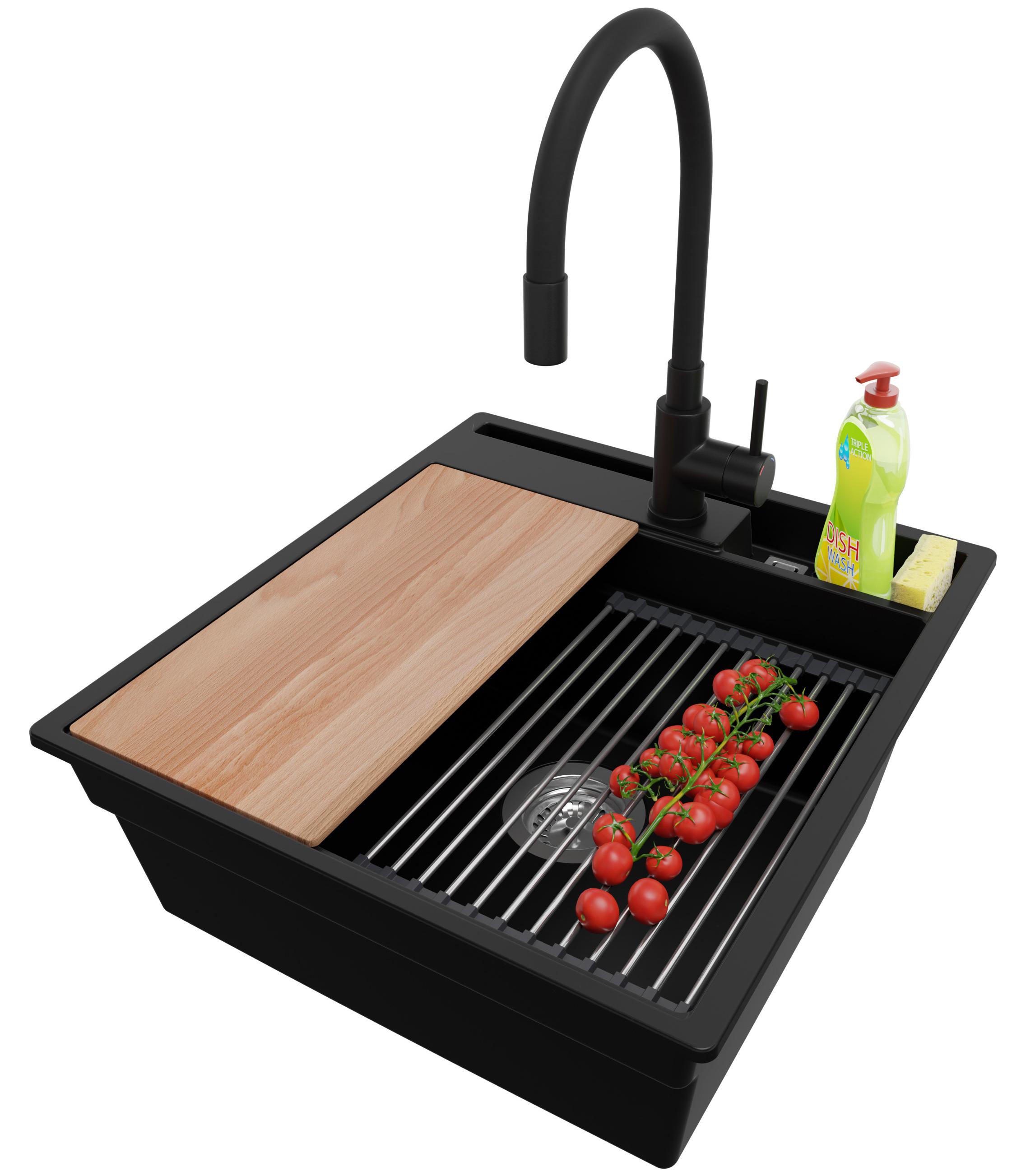PRIMAGRAN Granitspüle Schwarz 48x53cm, Spülbecken 1 Becken + Ablauf-Set + Küchenzubehörset, Küchenspüle ab 50er Unterschrank - Oslo Pocket