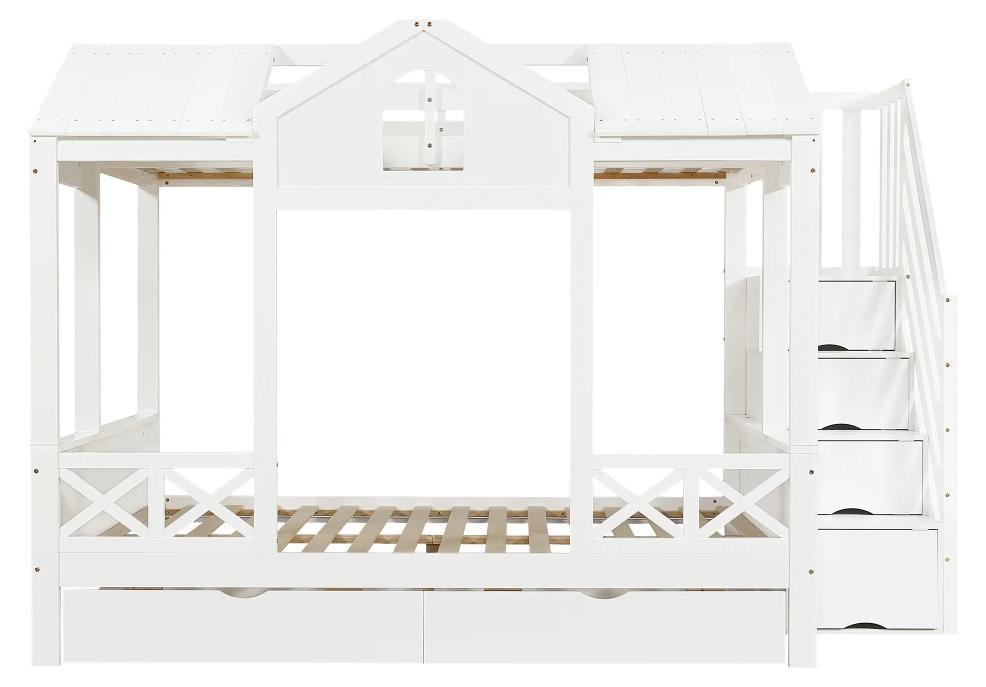 Etagenbett - Kombinationsbett 90 x 200 / 140 x 200 cm - Holz - 2 Schubladen mit Rollen - Treppe mit 4 Fächern - Fenster und Dach - Weiß