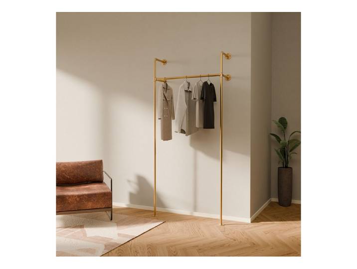 pamo. design Kleiderständer KIM Kleiderstange Wandmontage, offener Kleiderschrank, Kleiderständer, Goldener Garderobenständer im Industrial Design für Kleidung