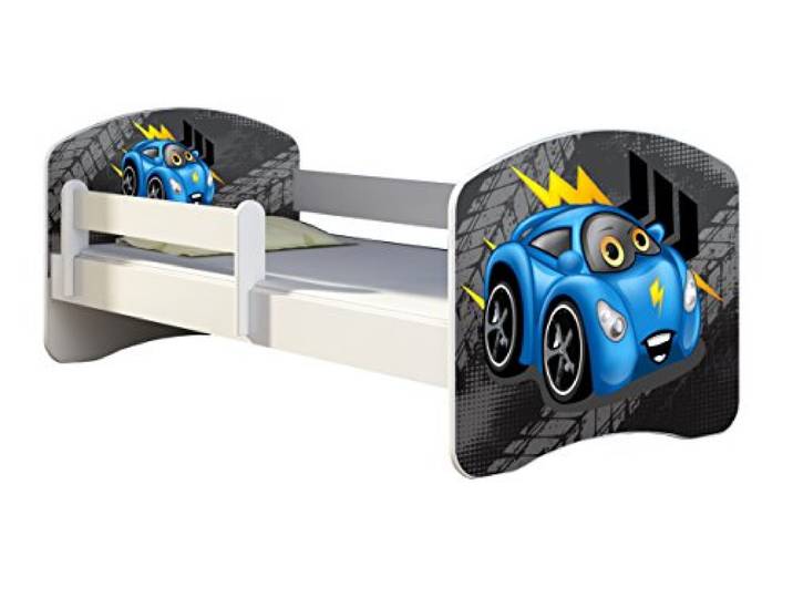 ACMA Kinderbett 160x80 Jugendbett mit Matratze, Rausfallschutz, Lattenrost Weiß, stabil, Kinderzimmer Bett, Jugendmöbel Design 05 Blaue Auto