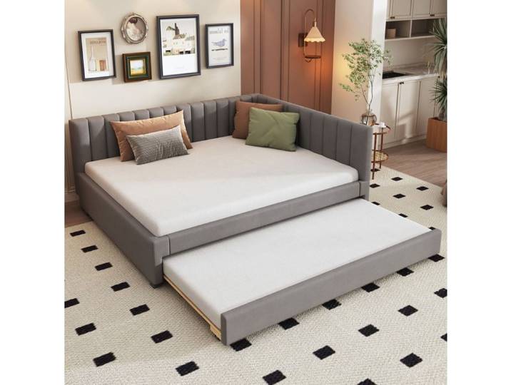 Lit Gigogne 140×200cm - 2 Places - Dossier en L - Sommiers Inclus - Velours Gris