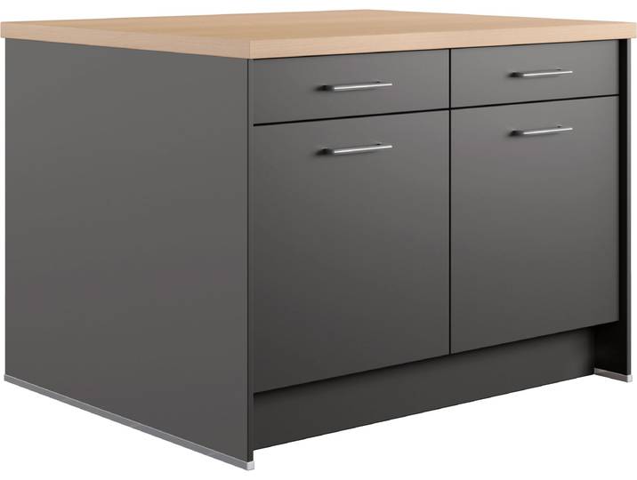 Kücheninsel IMPULS KÜCHEN Kopenhagen, flexibel stellbar, Schubkästen mit Soft-Close , grau (küche: grau, front: grafit, korpus: grafit, arbeitsplatte: eiche, nachbildung summerfield), B:123,2cm H:91,8cm T:120cm, Komplettküchen-Sets, Kücheninsel, vormontiert, mit integriertem Sitzplatz auf einer Seite, Breite 123 cm