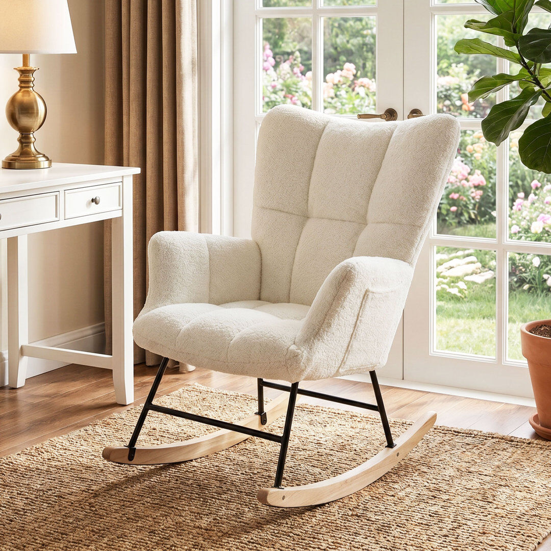 Marlow Home Co. HOMCOM Rocking Chair with Side Pockets Wingback Rocker Chair Cream 90cm H X 66cm W X 90cm D