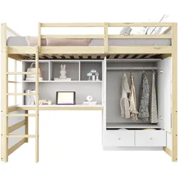 OKWISH Hochbett 90x200 cm mit Leiter Schreibtisch Stauraum Kleiderschrank Schubladen multifunktional - und bett Naturholz
farbe