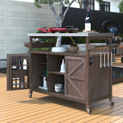 Chichoice Farmhouse Outdoor Kitchen Island with Stainless Steel Top on Wheels - Rolling Grill Cart with Storage for BBQ