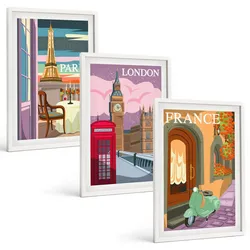 BILDER SET 3er Set - 40x60 cm Weißer Rahmen - Ansichten Paris London Retro