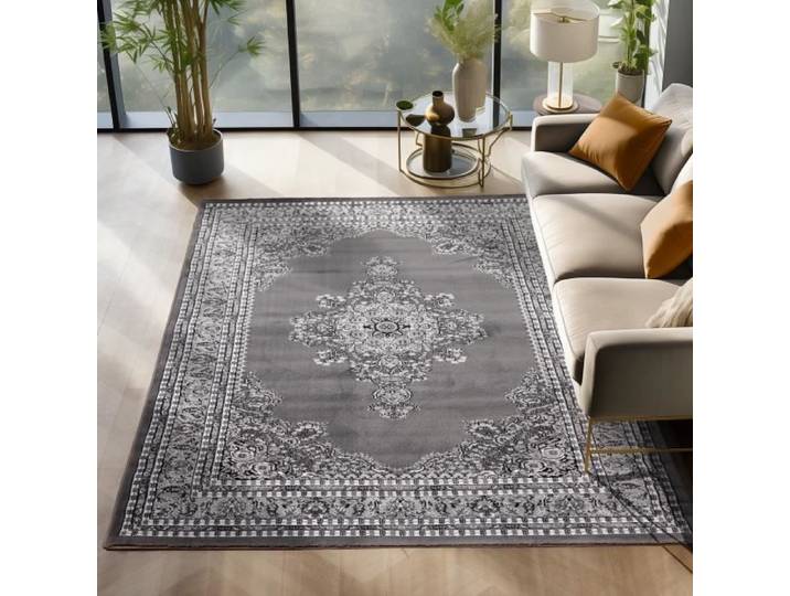 Tapis oriental traditionnel classique optique médaillon ornement noir gris blanc [240x340 cm]