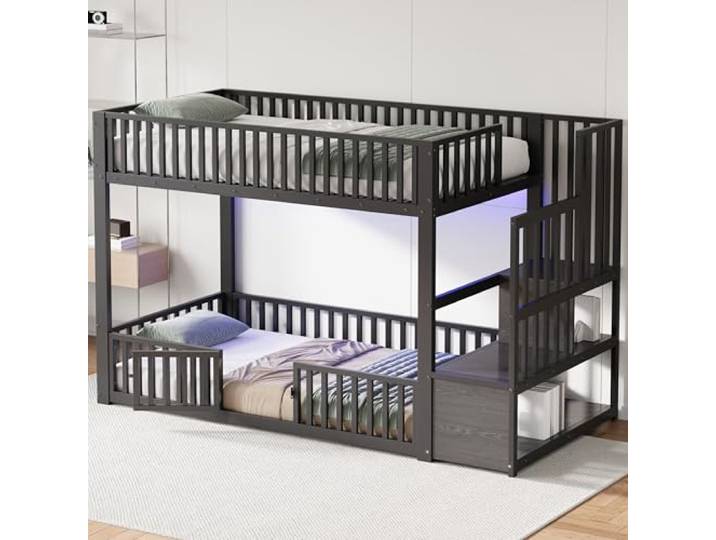 BTM Etagenbett 90 x 200cm Jugendbett mit Treppe, Stockbett für 2 Kinder Kinderbett mit Rausfallschutz Schwarz, ohne Matratze