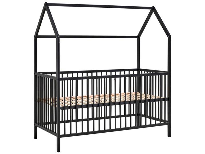 My Baby Lou Gitterbett Emma, Schwarz, Holz, Buche, vollmassiv, 75x161x144 cm, höhenverstellbar, Sprossen mit Normabstand, Aufbauanleitung im Karton, Lattenrost inklusive, Schlupfsprossen, zum Sitzsofa umbaubar, Babymöbel, Babybetten, Gitterbett