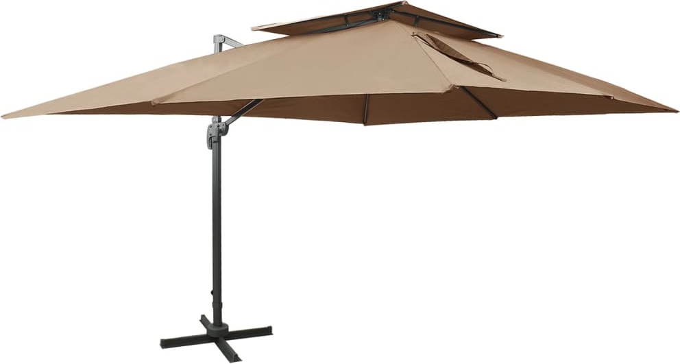 Ampelschirm, UV-Schutz, Polyester mit PA-Beschichtung, Aluminium, Doppeldach, Lüftung, Kurbelsystem, neigbar, 360° drehbar, 400x300 cm, Taupe