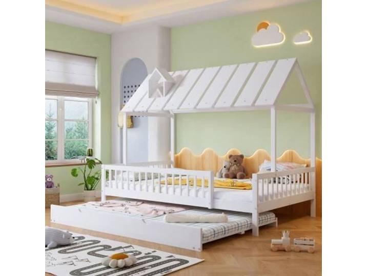 Lit enfant - Lit cabane 120x200 - Pin et MDF - Lit gigogne - Rails de sécurité