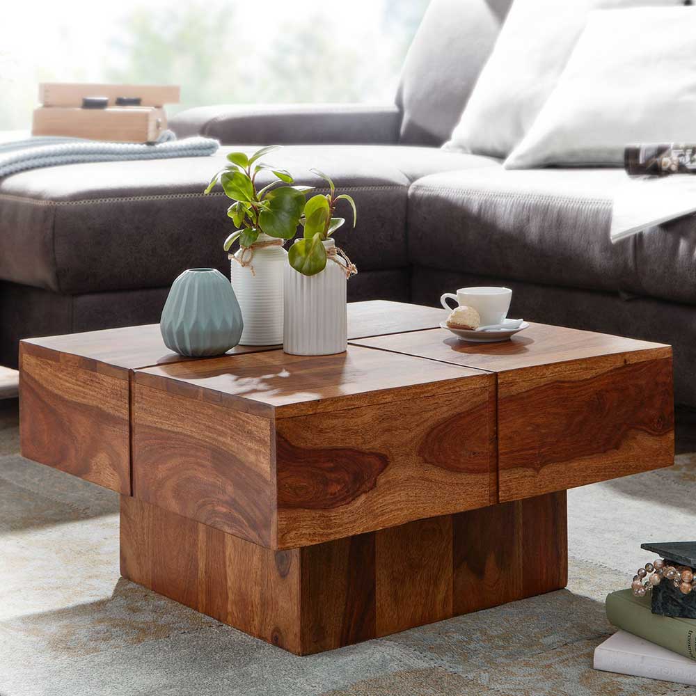 Pharao24.de Massivholz Wohnzimmer Tisch mit quadratischer Tischplatte 30 cm hoch