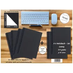 E & Z, Heft + Block, A 6 Notizbuch - Set, 4+2 gratis, Luxury 80 Seiten SCHWARZ ONYX GLITTER-OPTIK, to do (A6, Blanko, Kariert, Liniert)